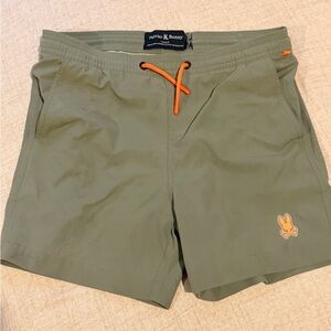 Psycho Bunny Olive Green Kids Shorts with Orange Drawstring
